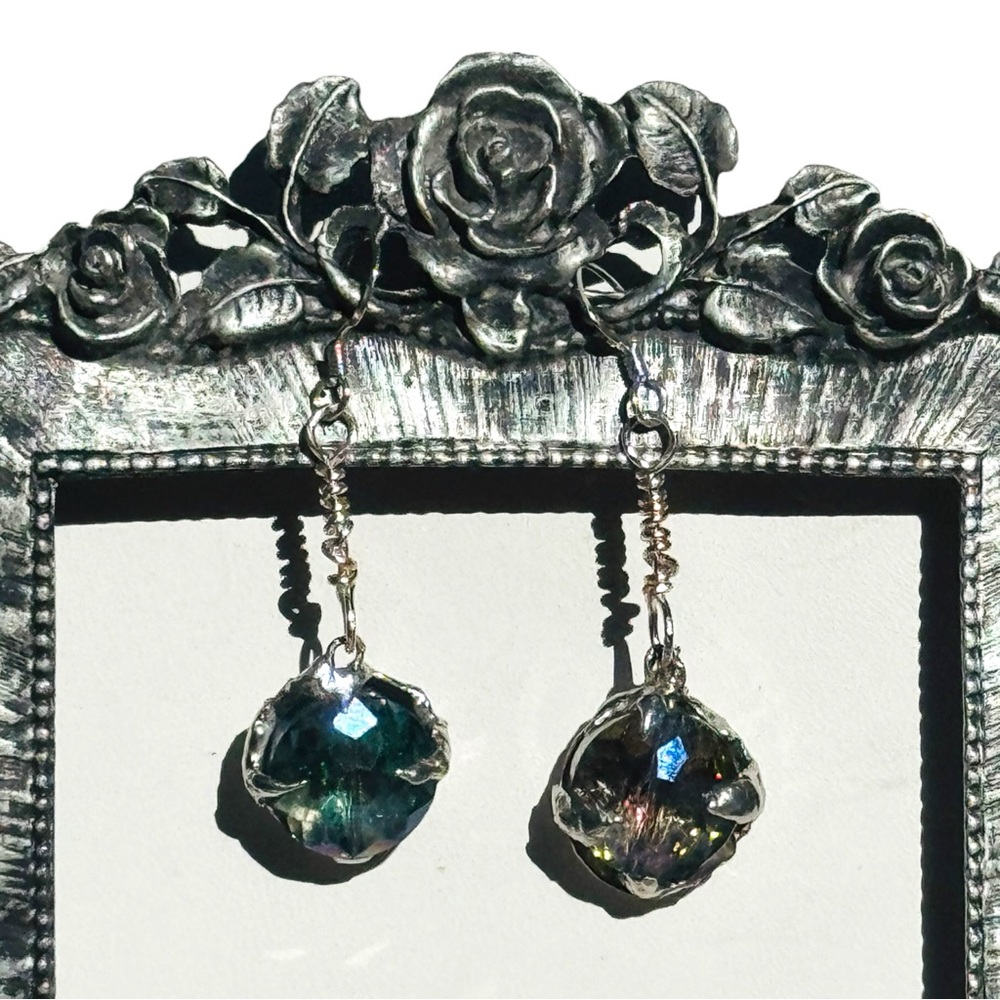 Artisan Aurora Borealis Crystal Dangle Earrings 925 Hooks & Silver/Tin Metalwork - Picture 16 of 17